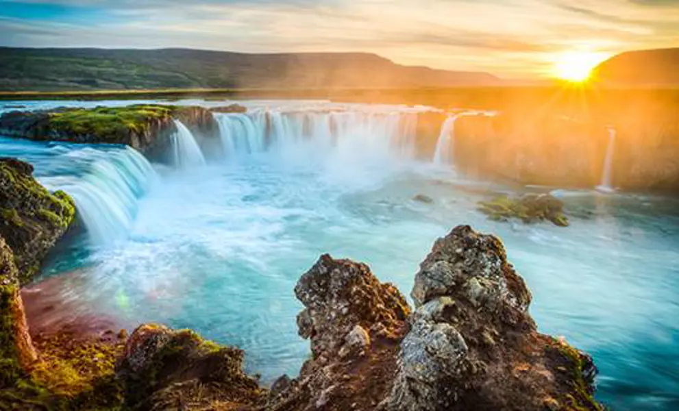 Sun setting over Gulfoss, Iceland