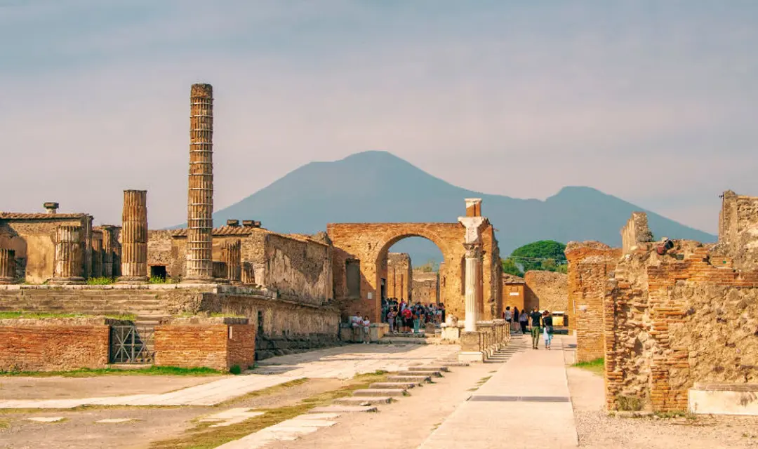 Ruins of Pompeii with Mount Vesuvius, near Naples. One of the main tourist attractions in Italy.